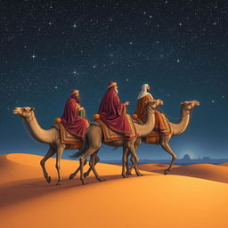 Three wise men, Melchior, Gaspar, and Balthazar, dressed in rich, traditional robes, are riding majestic camels through a vast desert landscape