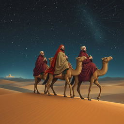 Three wise men, Melchior, Gaspar, and Balthazar, dressed in rich, traditional robes, are riding majestic camels through a vast desert landscape