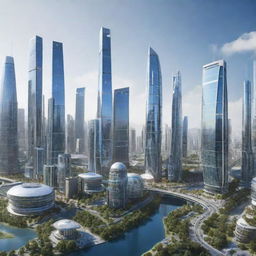 Showcase a futuristic city in the year 2050, incorporating smart technology, clean energy transportation, eco-friendly skyscrapers, and people utilizing augmented reality for daily tasks