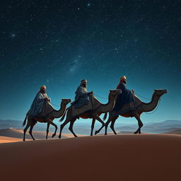 Melchior, Gaspar, and Balthazar the African, each on their camels, traversing a vast desert landscape