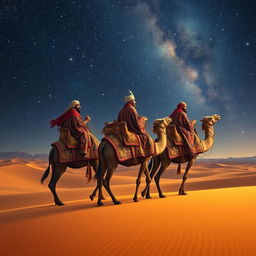 Melchior, Gaspar, and Balthazar the African, each on their camels, traversing a vast desert landscape