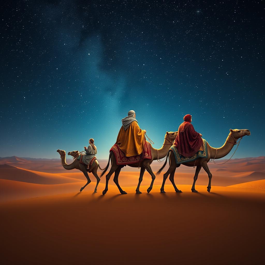 Melchior, Gaspar, and Balthazar the African, each on their camels, traversing a vast desert landscape