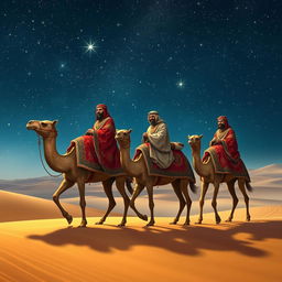 Melchior, Gaspar, and Balthazar the African, each on their camels, traversing a vast desert landscape