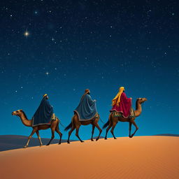 Melchior, Gaspar, and Balthazar, the three wise men, riding their camels through a vast desert under a breathtaking starry sky