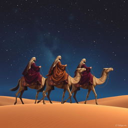 Melchior, Gaspar, and Balthazar, the three wise men, riding their camels through a vast desert under a breathtaking starry sky