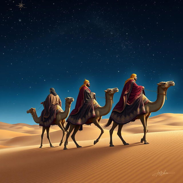 Melchior, Gaspar, and Balthazar, the three wise men, riding their camels through a vast desert under a breathtaking starry sky