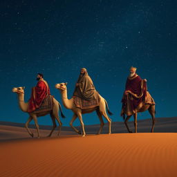 Melchior, Gaspar, and Balthazar, the three wise men, riding their camels through a vast desert under a breathtaking starry sky