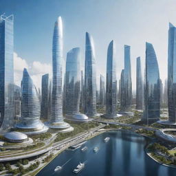 Showcase a futuristic city in the year 2050, incorporating smart technology, clean energy transportation, eco-friendly skyscrapers, and people utilizing augmented reality for daily tasks