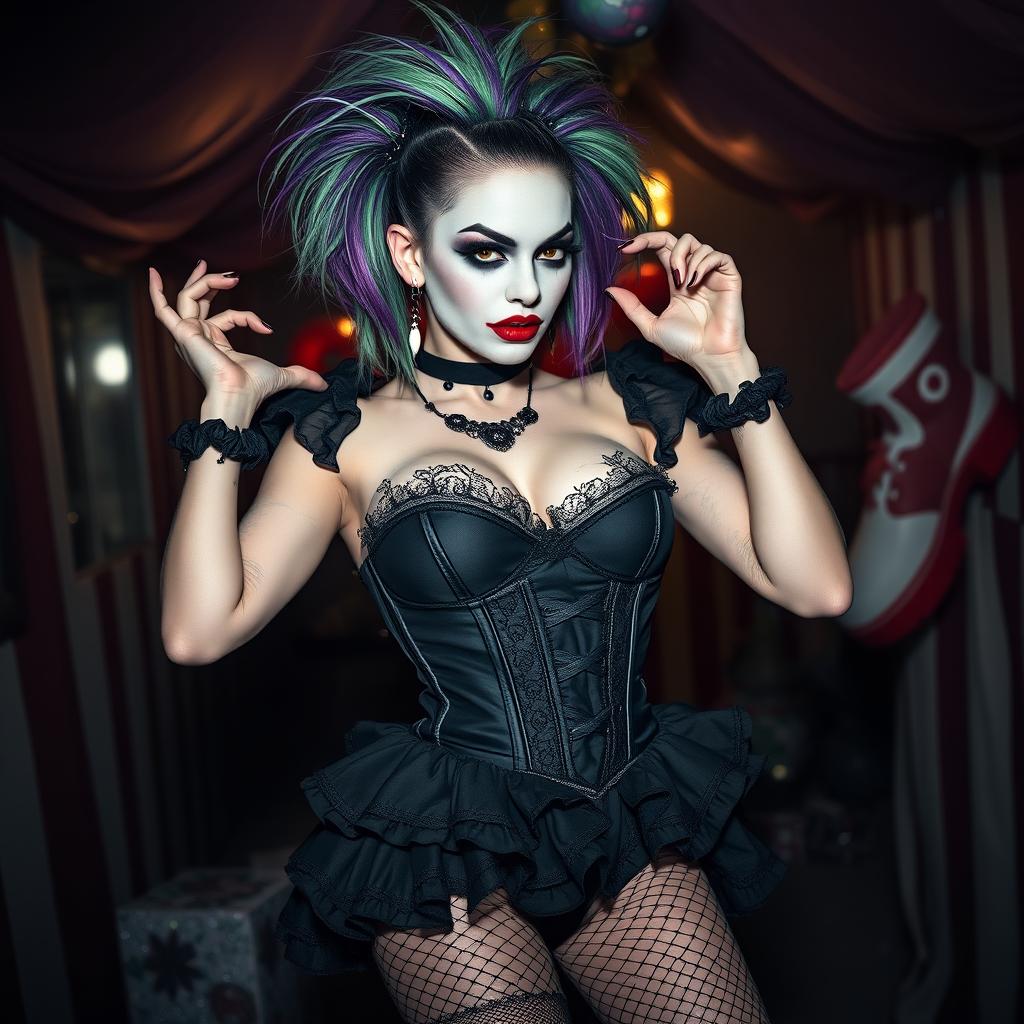 A sexy gothic clown with striking features, wearing dramatic makeup that includes dark eyeliner and bold red lips