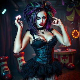 A sexy gothic clown with striking features, wearing dramatic makeup that includes dark eyeliner and bold red lips