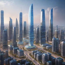 Showcase a futuristic city in the year 2050, incorporating smart technology, clean energy transportation, eco-friendly skyscrapers, and people utilizing augmented reality for daily tasks