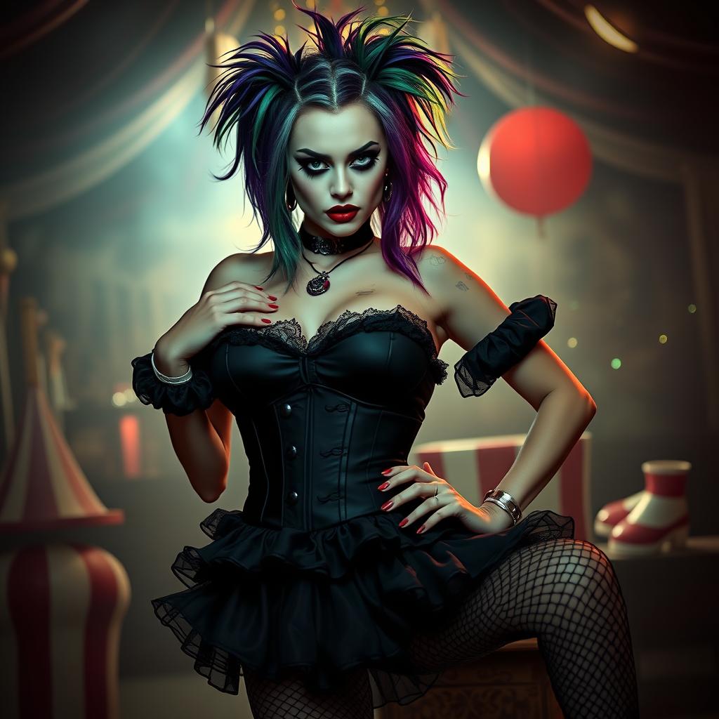 A sexy gothic clown with striking features, wearing dramatic makeup that includes dark eyeliner and bold red lips