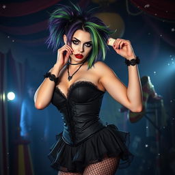 A sexy gothic clown with striking features, wearing dramatic makeup that includes dark eyeliner and bold red lips