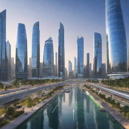 Showcase a futuristic city in the year 2050, incorporating smart technology, clean energy transportation, eco-friendly skyscrapers, and people utilizing augmented reality for daily tasks