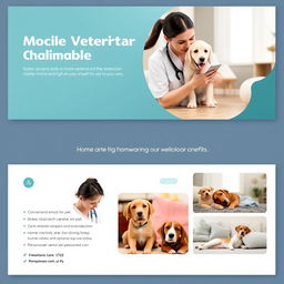 A professional veterinary presentation slide design for a mobile veterinarian service, featuring a warm and welcoming layout with images of a friendly veterinarian interacting gently with pets in their homes