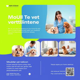 A professional veterinary presentation slide design for a mobile veterinarian service, featuring a warm and welcoming layout with images of a friendly veterinarian interacting gently with pets in their homes