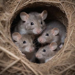 A mother rat lovingly surrounded by her little ones, showcasing a tender moment in their cozy burrow.