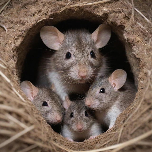 A mother rat lovingly surrounded by her little ones, showcasing a tender moment in their cozy burrow.