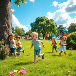 A nostalgic scene depicting children playing hide and seek in a sunlit park