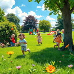 A nostalgic scene depicting children playing hide and seek in a sunlit park