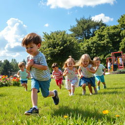 A nostalgic scene depicting children playing hide and seek in a sunlit park