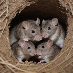 A mother rat lovingly surrounded by her little ones, showcasing a tender moment in their cozy burrow.