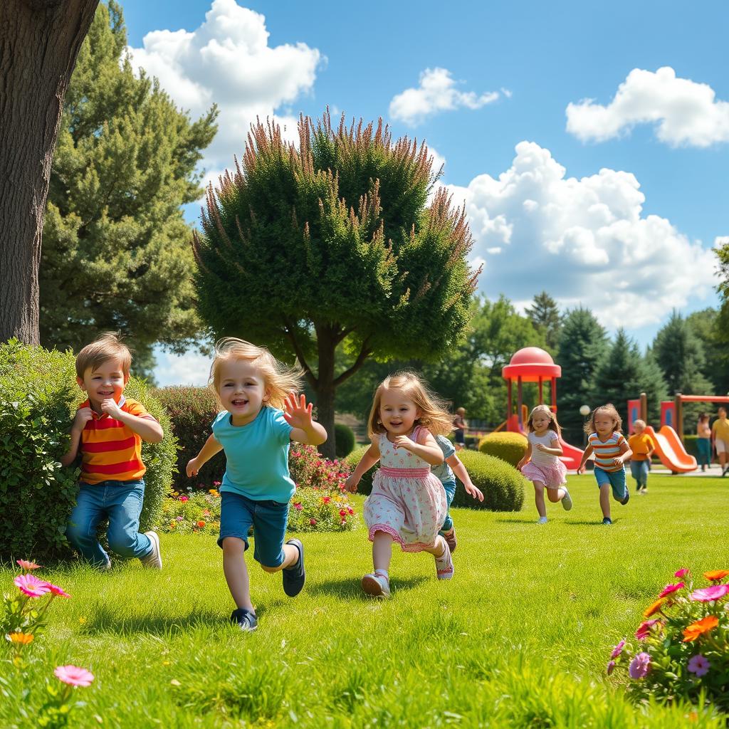 A nostalgic scene depicting children playing hide and seek in a sunlit park