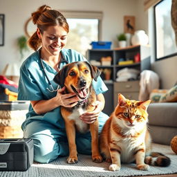 A warm and inviting scene depicting a mobile veterinary clinic