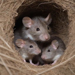 A mother rat lovingly surrounded by her little ones, showcasing a tender moment in their cozy burrow.