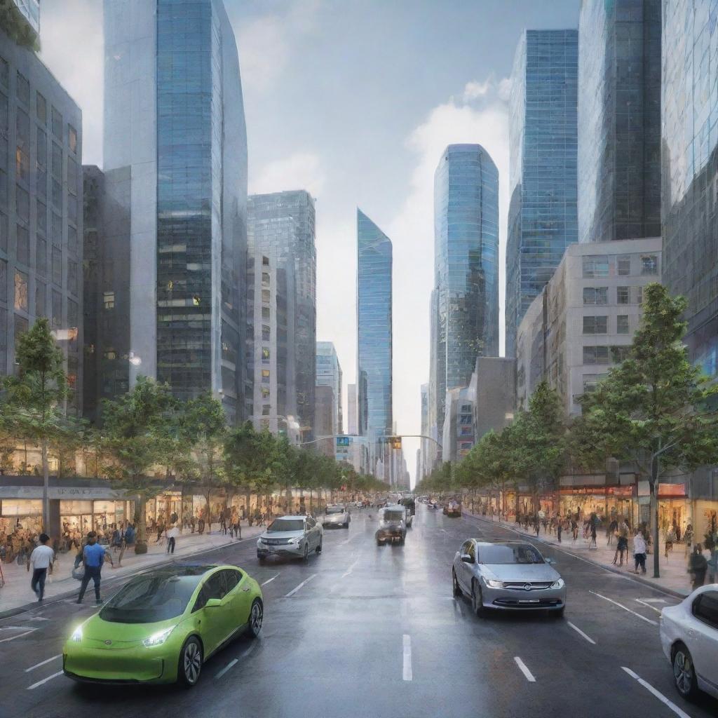 An urban setting in the year 2040, including emerging technology, electric vehicles, energy-efficient buildings, and citizens engaging with virtual and augmented reality technologies