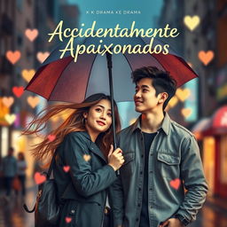 A beautifully designed K-drama book cover for 'Acidentalmente Apaixonados', featuring a romantic scene between two young adults in a vibrant city setting