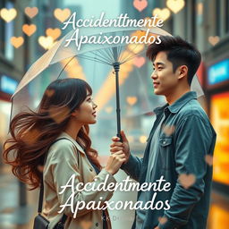 A beautifully designed K-drama book cover for 'Acidentalmente Apaixonados', featuring a romantic scene between two young adults in a vibrant city setting