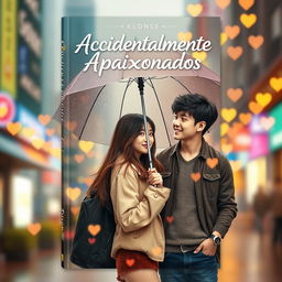 A beautifully designed K-drama book cover for 'Acidentalmente Apaixonados', featuring a romantic scene between two young adults in a vibrant city setting