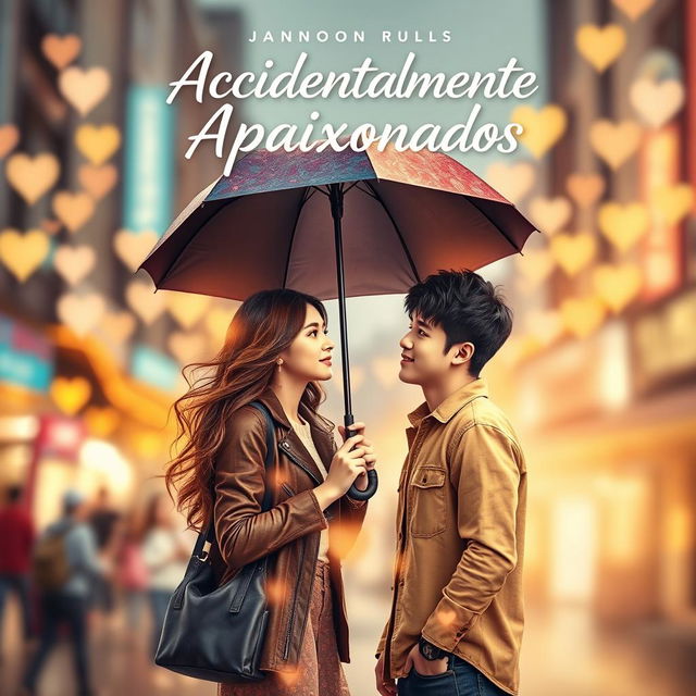 A beautifully designed K-drama book cover for 'Acidentalmente Apaixonados', featuring a romantic scene between two young adults in a vibrant city setting