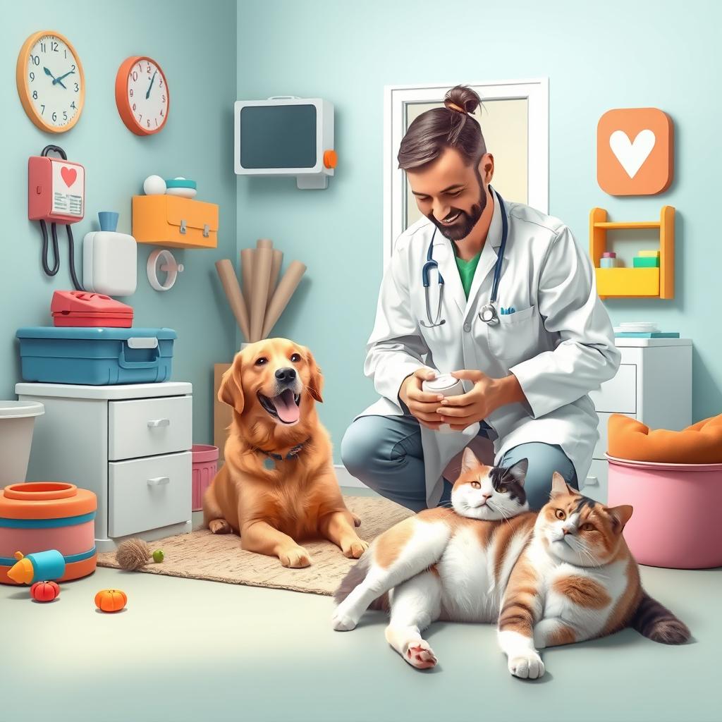 A cozy and welcoming veterinary space designed for home visits featuring a friendly veterinarian interacting with a happy dog and a relaxed cat