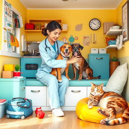 A cozy and welcoming veterinary space designed for home visits featuring a friendly veterinarian interacting with a happy dog and a relaxed cat