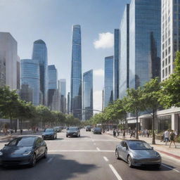 An urban setting in the year 2040, including emerging technology, electric vehicles, energy-efficient buildings, and citizens engaging with virtual and augmented reality technologies