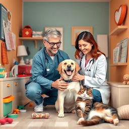 A cozy and welcoming veterinary space designed for home visits featuring a friendly veterinarian interacting with a happy dog and a relaxed cat