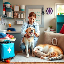 A cozy and welcoming veterinary space designed for home visits featuring a friendly veterinarian interacting with a happy dog and a relaxed cat