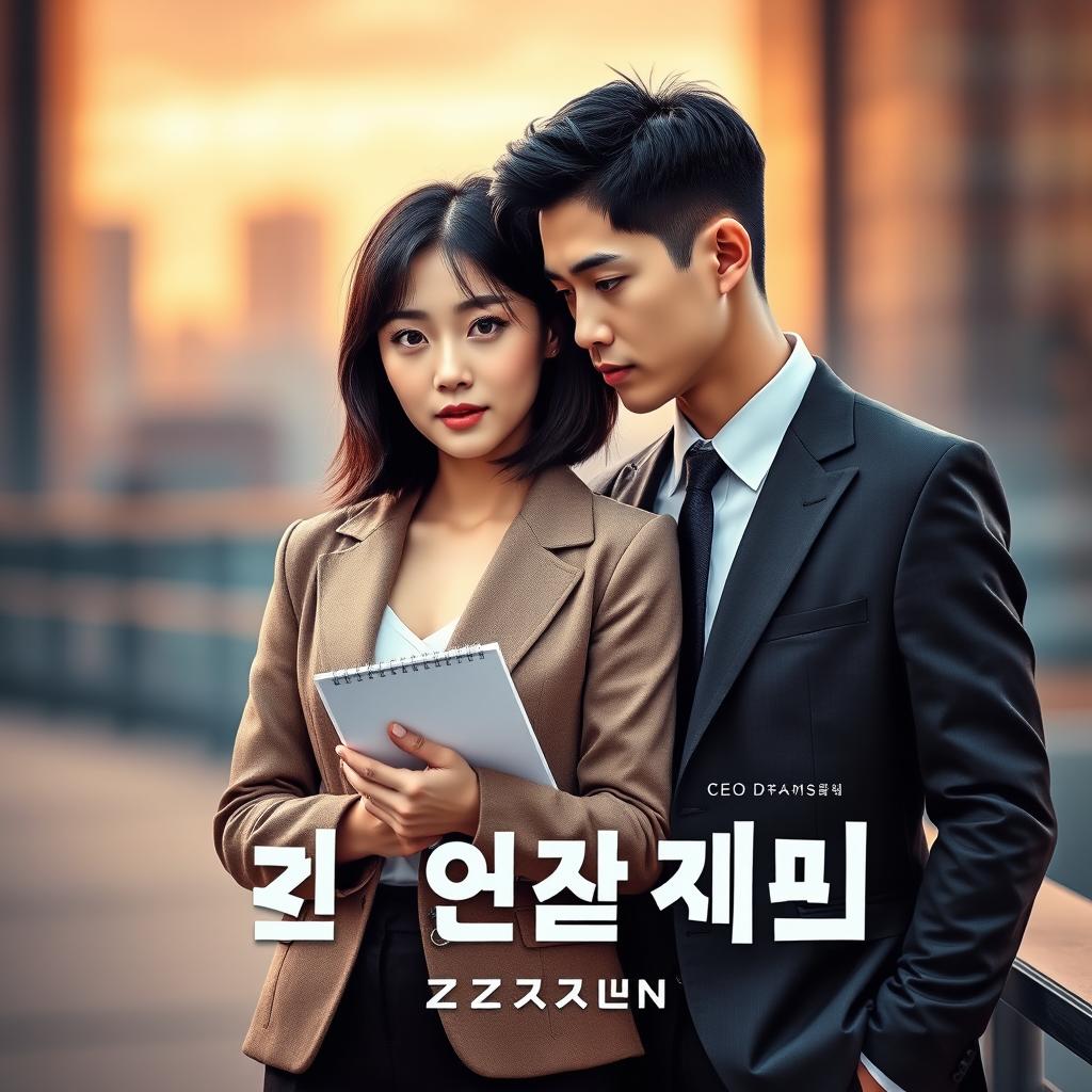 A captivating K-drama book cover featuring a stylish journalist and a charismatic CEO