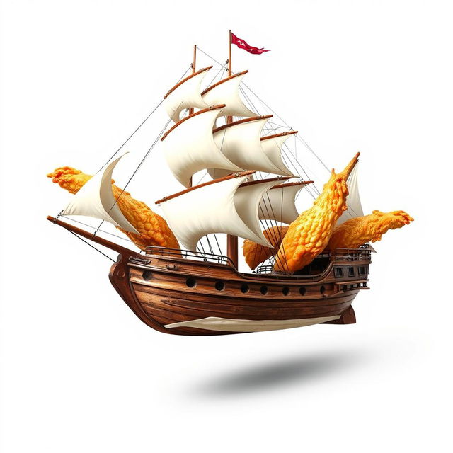 A realistic depiction of a ship with chicken wings, elegantly designed and floating mid-air against a stark white background