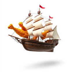 A realistic depiction of a ship with chicken wings, elegantly designed and floating mid-air against a stark white background