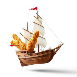 A realistic depiction of a ship with chicken wings, elegantly designed and floating mid-air against a stark white background