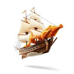 A realistic depiction of a ship with chicken wings, elegantly designed and floating mid-air against a stark white background