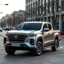 A stylish truck named 'Serpens', inspired by models like Amarok, Hilux, Dodge Ram, and S10, designed for a tranquil urban setting ideal for an online store display