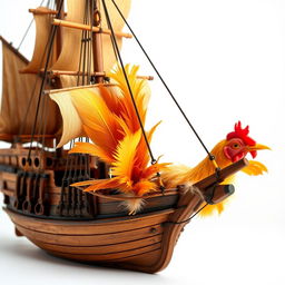 A realistic depiction of a ship with chicken feathers protruding from its structure, placed against a pristine white background