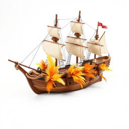 A realistic depiction of a ship with chicken feathers protruding from its structure, placed against a pristine white background