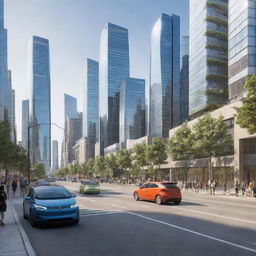 An urban setting in the year 2040, including emerging technology, electric vehicles, energy-efficient buildings, and citizens engaging with virtual and augmented reality technologies