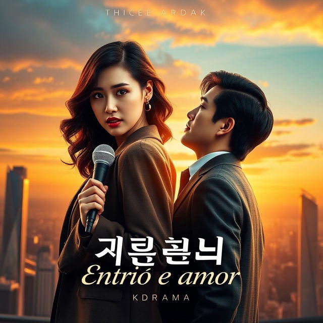 A stunning K-drama book cover titled 'Entre ódio e amor' featuring a strong-willed female reporter and a charismatic CEO