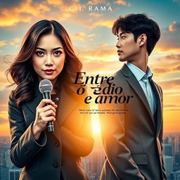 A stunning K-drama book cover titled 'Entre ódio e amor' featuring a strong-willed female reporter and a charismatic CEO